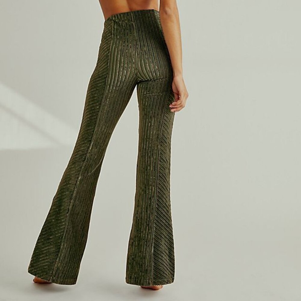 Free People, Green, Stretch Velvet, Flared Legs, Small